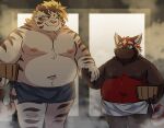  2022 ailurid anthro belly black_body black_nose blush detailed_background duo felid hand_holding hi_res humanoid_hands inside kemono licho_(tas) lifewonders male mammal moobs navel nipples overweight overweight_male pantherine pink_nose ptcmtr red_body red_panda tiger tokyo_afterschool_summoners video_games white_body young zhurong_(tas) 