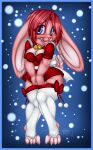  2011 anthro bell blue_eyes blush blush_lines bottomwear bottomwear_pull breasts christmas claws cleavage clenched_teeth clothed clothing clothing_pull ear_piercing ears_back ears_down female firefly8083 fran_cervic&eacute; fur hair head_turned hi_res holidays lagomorph legwear leporid looking_aside mammal piercing pink_body pink_fur pink_hair pivoted_ears pose rabbit red_clothing ribbons skirt skirt_pull solo standing stockings teeth 