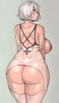  1girl absurdres ass back backboob blue_eyes bob_cut breasts butt_crack dimples_of_venus from_behind highres huge_ass kelvin_hiu large_breasts lingerie nier_(series) nier_automata short_hair silver_hair solo thick_thighs thighs underwear underwear_only yorha_no._2_type_b 