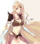  1girl armor blonde_hair breasts cape cleavage closed_mouth elbow_gloves final_fantasy final_fantasy_iv gloves jewelry long_hair looking_at_viewer navel peso_kongari purple_eyes rosa_farrell smile solo 