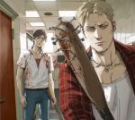  2boys baseball_bat blonde_hair blood ceiling_light club_(weapon) commentary_request denim eren_yeager highres holding holding_weapon indoors jeans looking_at_viewer mixed-language_commentary multiple_boys nail nail_bat pants reiner_braun shingeki_no_kyojin short_hair short_sleeves thisuserisalive weapon 