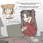  2girls :3 :d blonde_hair blue_eyes book brown_hair card chibi commentary computer credit_card desk desk_lamp english_commentary english_text fate/stay_night fate_(series) furrowed_brow grey_background hair_ribbon headset highres holding holding_card holding_phone indian inset lamp laptop long_hair looking_at_viewer multiple_girls name_tag neco-arc pantsu-ripper phone red_eyes red_sweater ribbon scam simple_background sitting sketch slit_pupils smile sweater tech_support tohsaka_rin tsukihime turtleneck turtleneck_sweater two_side_up upper_body 