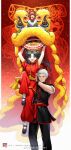  1boy 1girl archer_(fate) black_hair chinese_clothes fate/grand_order fate/stay_night fate_(series) green_eyes grey_hair highres lion_dance long_hair smile tohsaka_rin twintails yaoshi_jun 