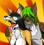  anthro bodily_fluids brown_body brown_fur canid canine canis claws clothing duo eyewear fangs felicia_fox female fox fur glasses hi_res highlights_(coloring) jenota male male/female mammal meme saliva saliva_string shirt tank_top tankers tongue topwear white_body white_fur wolf 