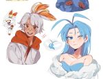  1boy 1girl antenna_hair blonde_hair blue_sweater bow breasts cleavage collarbone dark-skinned_male dark_skin english_commentary eyebrows_visible_through_hair fur_trim highres jacket mei_(adomanju) multicolored_hair off_shoulder one_eye_closed orange_bow orange_eyes orange_hair personification pokemon scorbunny streaked_hair swablu sweater tied_hair v-shaped_eyebrows white_background white_hair white_jacket 