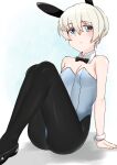  0:00 1girl alternate_costume animal_ears bangs black_bow black_bowtie black_footwear black_legwear blue_eyes blue_leotard bow bowtie breasts closed_mouth collar detached_collar eyebrows_visible_through_hair fake_animal_ears girls_und_panzer high_heels highres legs leotard light_frown looking_at_viewer pantyhose playboy_bunny rabbit_ears short_hair silver_hair sitting small_breasts solo strapless strapless_leotard symbol-only_commentary white_collar wrist_cuffs youko_(girls_und_panzer) 