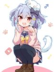  1boy blue_hair bow bowtie dog_boy dog_hair_ornament dog_tail double_horizontal_stripe gradient_eyes hair_ornament inuyama_tamaki multicolored_eyes noripro paw_pose striped striped_bow tadanoshi_kabane tail virtual_youtuber yellow_bow yellow_bowtie 