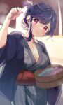  1girl absurdres blue_hair breasts bucket cleavage closed_mouth eyebrows_visible_through_hair grey_kimono highres holding holding_bucket indie_virtual_youtuber japanese_clothes kazepana kazepana_(vtuber) kimono large_breasts looking_at_viewer obi pink_eyes sash short_hair smile solo virtual_youtuber 