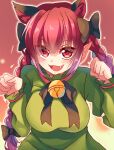  1girl :d animal_ear_fluff animal_ears bad_hands bangs bell black_bow black_bowtie blunt_bangs blush bow bowtie braid breasts cat_ears dress extra_ears eyebrows_visible_through_hair eyes_visible_through_hair fang frills gradient gradient_background green_dress hair_bow hair_ribbon hands_up highres jingle_bell juliet_sleeves kaenbyou_rin large_breasts light_particles long_hair long_sleeves looking_at_viewer meimei_(meimei89008309) outer_glow paw_pose pointy_ears puffy_sleeves red_background red_eyes red_hair ribbon sidelocks simple_background sleeves_past_wrists smile solo touhou tress_ribbon twin_braids twintails upper_body 
