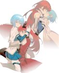  2girls absurdres blue_eyes blue_hair blue_skirt blue_sleeves breasts cape chinese_commentary closed_eyes commentary_request detached_sleeves dress gloves hand_on_another&#039;s_shoulder hand_on_another&#039;s_waist highres huge_breasts kiss long_hair looking_at_viewer mahou_shoujo_madoka_magica miki_sayaka multiple_girls parted_lips red_dress red_hair rin_lingsong sakura_kyouko simple_background sitting sitting_on_lap sitting_on_person skirt thighhighs white_background white_cape white_gloves white_legwear yuri 