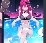  ... 1boy 1girl arm_rest arms_behind_back bald bangs bare_shoulders blunt_bangs breasts caustics cleavage closed_mouth convenient_leg crossed_legs dark-skinned_male dark_skin eyebrows_visible_through_hair fairy_knight_tristan_(fate) fate_(series) feet_out_of_frame hair_between_eyes hair_spread_out half-closed_eyes halterneck heart highres large_breasts light_blush long_hair looking_at_viewer navel night night_sky no_pupils nostrils pink_eyes plate pointy_ears purple_hair sidelocks sitting sky smile solo spider_apple star_(sky) starry_sky tsurime very_long_hair water 