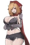 1girl absurdres ahoge black_shorts blonde_hair breasts bustier chroong cleavage executive_red_hood_arabelle eyes_visible_through_hair guardian_tales highres large_breasts looking_at_viewer mechanical_arms medium_hair navel open_mouth own_hands_together pointy_ears red_eyes red_hood shorts smile white_background 
