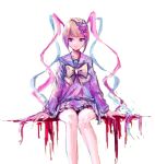  1girl absurdres blood blood_on_clothes blood_splatter blue_bow blue_hair bow chouzetsusaikawa_tenshi-chan drill_hair hair_bow heart highres holographic_clothing k6tetsu large_bow long_sleeves looking_at_viewer multicolored_hair needy_girl_overdose pink_bow pink_hair purple_bow purple_eyes sidelocks simple_background sitting skirt smile solo thighs twin_drills white_background white_hair wig yellow_bow 