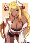  1girl absurdres bangs bare_shoulders belt blonde_hair blush breasts camisole cleavage draph fur_trim gloves granblue_fantasy highres horn_ornament horn_ribbon horns kumbhira_(granblue_fantasy) large_breasts leaning_forward long_hair midriff navel off_shoulder one_eye_closed orange_eyes parted_bangs pointy_ears pyonsan ribbon shorts sidelocks simple_background solo sweatdrop thighhighs twitter_username v_over_eye very_long_hair white_belt white_gloves 