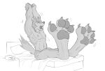  2022 4_toes alarm_clock anthro arms_above_head bed big_feet canid canine canis claws clock feet foot_focus furniture huge_feet male mammal monochrome motion_lines muscular muscular_male nude open_mouth pawpads paws simple_background solo stretching toe_claws toe_tuft toes toony vexyvoo wolf yawn 
