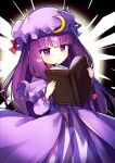  1girl absurdres book crescent crescent_hat_ornament dress hat hat_ornament highres holding holding_book long_hair mob_cap offbeat patchouli_knowledge purple_dress purple_eyes purple_hair reading solo touhou 
