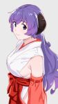  1girl absurdres bangs breasts commentary_request detached_sleeves eyebrows_visible_through_hair grey_background hakama hanyuu highres higurashi_no_naku_koro_ni horns japanese_clothes large_breasts long_hair looking_at_viewer miko ojipon purple_eyes purple_hair red_hakama sideboob simple_background smile solo upper_body 