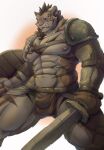  abs anthro areola armor balls_outline biped bottomwear brown_bottomwear brown_clothing brown_hair bulge clothing facial_scar fangs felid fur genital_outline geppei5959 gloves hair handwear hi_res holding_object holding_sword holding_weapon male mammal melee_weapon muscular muscular_anthro muscular_male nipples orange_body orange_fur pantherine pauldron pecs scar shield solo striped_body striped_fur stripes sword tiger unconvincing_armor weapon yellow_eyes 