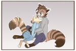  ailurid anthro brown_body brown_fur clothed clothing digital_media_(artwork) duo fully_clothed fur grey_background mammal open_mouth open_smile procyonid raccoon red_panda simple_background smile teeth toeless_(marking) yellow_body yellow_fur yshanii 
