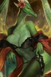  anthro big_breasts bra breasts clothed clothing dragon female green_body green_scales hi_res juliathedragoncat legwear lingerie membrane_(anatomy) membranous_wings non-mammal_breasts panties scales solo text thigh_highs underwear wings 