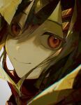  1other absurdres androgynous blurry blurry_foreground brown_hair chromatic_aberration close-up closed_mouth face hair_between_eyes hair_ornament hairclip highres looking_at_viewer medium_hair nowatari_hii red_eyes smile solo white_background 