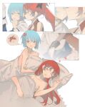  2girls absurdres after_sex anger_vein bare_arms bite_mark blue_eyes blue_hair chinese_commentary closed_eyes closed_mouth collarbone commentary_request finger_in_mouth gloves highres hug hug_from_behind long_hair mahou_shoujo_madoka_magica miki_sayaka multiple_girls notice_lines nude open_mouth parted_lips pillow ponytail red_eyes red_hair rin_lingsong sakura_kyouko short_hair sleeping smile spoken_character under_covers white_gloves yuri zzz 