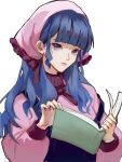  1girl ace_attorney bandana bangs blue_eyes book eyebrows_behind_hair hair_behind_ear head_tilt highres holding holding_book looking_at_viewer off_shoulder open_book overalls pink_bandana pink_sweater portrait purple_lips solo sweater vera_misham white_background zhao_yifei 