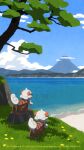  absurdres animal_focus cloud commentary_request day flower from_behind grass highres hisuian_growlithe mountain no_humans official_art outdoors pokemon pokemon_(creature) sand scenery shadow shore sky tree water watermark yellow_flower 