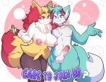  2022 4_fingers :3 anthro areola balls big_breasts black_body black_fur blue_body blue_eyes blue_fur braixen breasts canid canine chest_tuft collar collar_only crescent_moon dialogue dipstick_tail duo english_text eyebrows female fingers fox fur fur_markings genitals hi_res inner_ear_fluff lolzneo looking_at_viewer male mammal markings moon nintendo nipples nude open_mouth open_smile penis pok&eacute;mon pok&eacute;mon_(species) portrait red_eyes red_nose ribbons roflfox seraphine_(roflfox) side_by_side smile standing stick tail_markings text three-quarter_portrait tuft video_games white_body white_fur yellow_body yellow_fur 