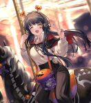  1girl bangs blurry capelet carousel closed_eyes collared_shirt dark_blue_hair eyebrows_visible_through_hair facing_viewer floating_hair hairband halloween hands_up highres horseback_riding idolmaster idolmaster_million_live! idolmaster_million_live!_theater_days kitakami_reika long_hair low_twintails nys open_mouth pants riding shirt sidesaddle sitting smile solo twintails v 
