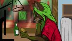  anthro bottle bread canid canine canis chair clothing desk eyewear food furniture glasses highlights_(coloring) jenota male mammal muscular shirt solo table topwear wolf 
