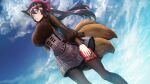  1girl animal_ear_fluff animal_ears black_legwear blue_eyes breasts brown_hair caleen_keemosn closed_mouth cloud fox_ears fox_girl fox_tail highres large_breasts long_hair looking_at_viewer pantyhose skirt solo star_ocean star_ocean_anamnesis tail valentine yuuki1103 