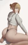  1girl absurdres annie_leonhardt ass back blonde_hair blue_eyes curvy highres hood hoodie huge_ass looking_at_viewer looking_back no_pants sauvagex shingeki_no_kyojin sitting solo thick_thighs thighs thong 