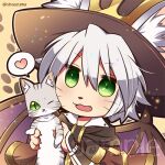  1boy :3 animal animal_ear_fluff bangs brown_cape brown_headwear cape cat cat_boy commentary_request commission demon_wings eyebrows_visible_through_hair fang green_eyes grey_cat heart holding holding_animal holding_cat looking_at_viewer lowres male_focus open_mouth purple_wings ragnarok_online shiraazuma short_hair skeb_commission solo spoken_heart summoner_(ragnarok_online) upper_body whiskers white_hair wings 
