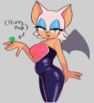  absurd_res anthro armor bare_shoulders belly big_breasts big_ears big_hands big_head blue_eyeshadow bodysuit breastplate breasts candy chiropteran clothing dessert eyeshadow fangs female food hi_res looking_at_viewer makeup mammal ring_pop rouge_the_bat sega side_view skinsuit smile solo sonic_the_hedgehog_(series) tight_clothing wings xenoglitch 