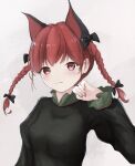  1girl :3 animal_ears bangs black_bow blush bow braid breasts cat_ears cat_tail dress extra_ears eyebrows_visible_through_hair fang fang_out green_dress grey_background hair_bow hand_up highres juliet_sleeves kaenbyou_rin light_smile long_hair long_sleeves looking_at_viewer multiple_tails nail_polish paw_pose phos_phos pillarboxed puffy_sleeves red_eyes red_hair red_nails simple_background skin_fang small_breasts solo tail touhou twin_braids twintails upper_body 