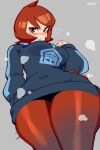  1girl absurdres arezu_(pokemon) bangs blush breasts closed_mouth gradient gradient_clothes gradient_legwear highres jacket long_sleeves looking_at_viewer nezulet pantyhose pokemon pokemon_(game) pokemon_legends:_arceus red_eyes red_hair short_hair smile solo thick_thighs thigh_focus thighs 