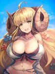  1girl :d ahoge anila_(granblue_fantasy) belly_chain bikini blonde_hair blue_sky breasts cleavage commentary curled_horns curvy detached_sleeves draph front-tie_bikini front-tie_top granblue_fantasy highres horns jewelry large_breasts layered_bikini long_hair narrow_waist navel shouma_(bravespiritya) sky smile solo swimsuit very_long_hair yellow_eyes 