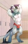  2015 anthro athletic bench biped briefs bulge clothed clothing dragon fur green_eyes hand_behind_head hi_res horn locker locker_room male muscular muscular_anthro no_swift red_briefs scalie solo standing teeth topless underwear undressing white_body white_fur white_seam_underwear 
