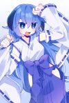  1girl :3 :d alternate_color alternate_hair_color arms_up blue_background blue_bow blue_eyes blue_hair blue_hakama blue_ribbon blue_skirt blue_theme blush bow breasts bright_pupils commentary_request detached_sleeves hair_between_eyes hakama hakama_skirt hanyuu highres higurashi_no_naku_koro_ni hip_vent horns japanese_clothes long_hair looking_at_viewer medium_breasts momotarekawa open_mouth ribbon ribbon-trimmed_sleeves ribbon_trim screentones signature skirt sleeves_past_wrists smile snowflakes solo very_long_hair white_pupils white_sleeves wide_sleeves 