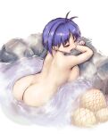  1girl alternate_breast_size ass ass_focus back breast_press breasts closed_eyes completely_nude from_above huge_breasts minigirl nude onsen open_mouth partially_submerged purple_hair revision rock short_hair sukuna_shinmyoumaru thick_thighs thighs touhou wide_hips yuugatou_(yuuzutu) 