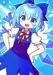  :d absurdres aqua_hair bangs blue_background blue_bow blue_dress blue_eyes blush_stickers bow cirno collared_shirt cowboy_shot dress embodiment_of_scarlet_devil flat_chest hair_bow hands_on_hips highres ice ice_wings neck_ribbon offbeat pinafore_dress puffy_short_sleeves puffy_sleeves red_neckwear ribbon shirt short_hair short_sleeves smile touhou white_shirt wings 