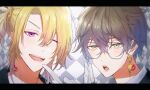  2boys :o bangs brown_hair earrings eyebrows_visible_through_hair glasses gloves hair_behind_ear highres ike_eveland jewelry letterboxed looking_at_viewer luca_kaneshiro male_focus multiple_boys nijisanji nijisanji_en one_eye_closed open_mouth ph7. ponytail purple_eyes romeo_(vocaloid) smile v-shaped_eyebrows virtual_youtuber white_gloves yellow_eyes 