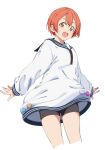  1girl black_shorts blush cropped_legs dress_shirt highres hoshizora_rin looking_at_viewer love_live! love_live!_school_idol_project open_mouth orange_hair sailor_collar sato_uma shirt shorts simple_background smile solo white_background white_shirt yellow_eyes 