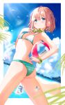  1girl ass ball bangs bare_shoulders beach bikini blue_eyes blue_sky blush breasts brown_hair cleavage cloud cloudy_sky cowboy_shot dutch_angle earrings eyebrows_visible_through_hair from_behind frown go_(mumuke) goggles goggles_around_neck green_bikini highres idolmaster idolmaster_shiny_colors jewelry looking_at_viewer ocean outdoors panties serizawa_asahi short_hair sky small_breasts solo standing star_(symbol) star_earrings striped striped_panties swimsuit tree two-tone_bikini underwear water_drop white_bikini wristband 