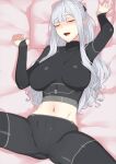  1girl ak-12_(girls&#039;_frontline) bangs blush braid breasts closed_eyes french_braid girls&#039;_frontline kageshio_(276006) large_breasts long_hair long_sleeves navel open_mouth silver_hair smile solo thighs 