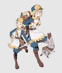  1boy 1girl alternate_costume backpack bag bangs belt belt_buckle blonde_hair blush bonnie_(pokemon) boots brown_bag brown_belt brown_footwear buckle bunnelby buttons clemont_(pokemon) coat dedenne full_body fur-trimmed_coat fur_trim grey_background hand_on_hip highres jiwoo_zzzang knee_boots korean_commentary long_sleeves looking_at_viewer on_head one_eye_closed pokemon pokemon_(anime) pokemon_(creature) pokemon_(game) pokemon_legends:_arceus pokemon_on_head pokemon_xy_(anime) simple_background smile standing 