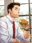  1boy bara burger commentary eating facial_hair food gentle2nd looking_at_viewer male_focus mature_male muscular muscular_male necktie original shirt solo stubble watch window wristwatch 