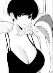  1girl absurdres bare_shoulders black_tank_top breasts cleavage earrings greyscale highres jewelry large_breasts monochrome norman_maggot olive_laurentia original pixie_cut shark short_hair sitting tank_top 