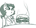  2022 anthro burger clothed clothing domestic_cat felid feline felis female food hi_res kitty_katswell looking_at_food looking_at_object mammal monochrome nickelodeon redout simple_background solo t.u.f.f._puppy white_background 